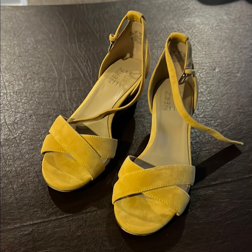 Mustard Yellow Suede Heels with Cushioned Footbed